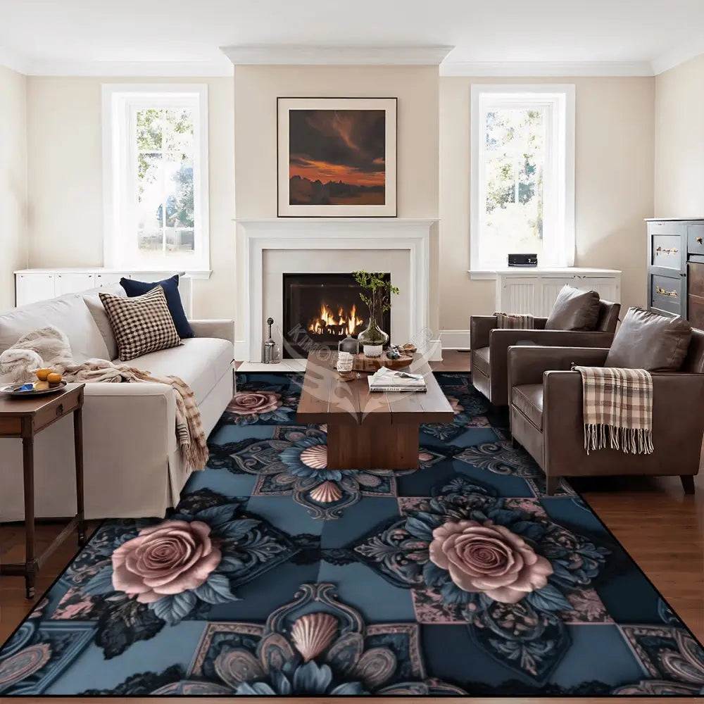 Dark Blue Teal Steampunk Floral 3D 10 ft x 8 ft Large Area Rug Floor Carpet 120’’x96’’ Rugs & Mats