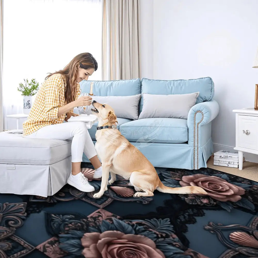 Dark Blue Teal Steampunk Floral 3D 10 ft x 8 ft Large Area Rug Floor Carpet 120’’x96’’ Rugs & Mats