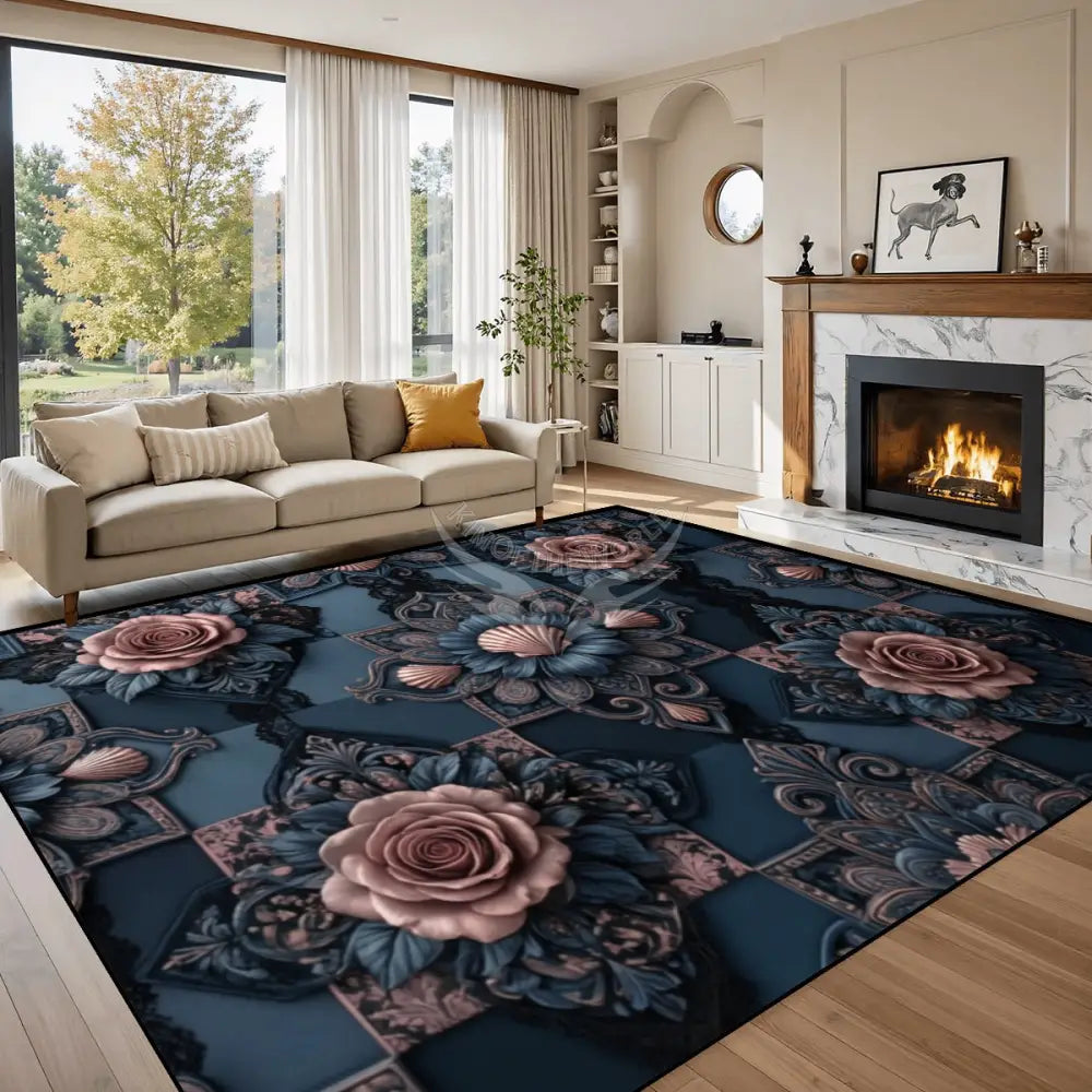 Dark Blue Teal Steampunk Floral 3D 10 ft x 8 ft Large Area Rug Floor Carpet 120’’x96’’ Rugs & Mats