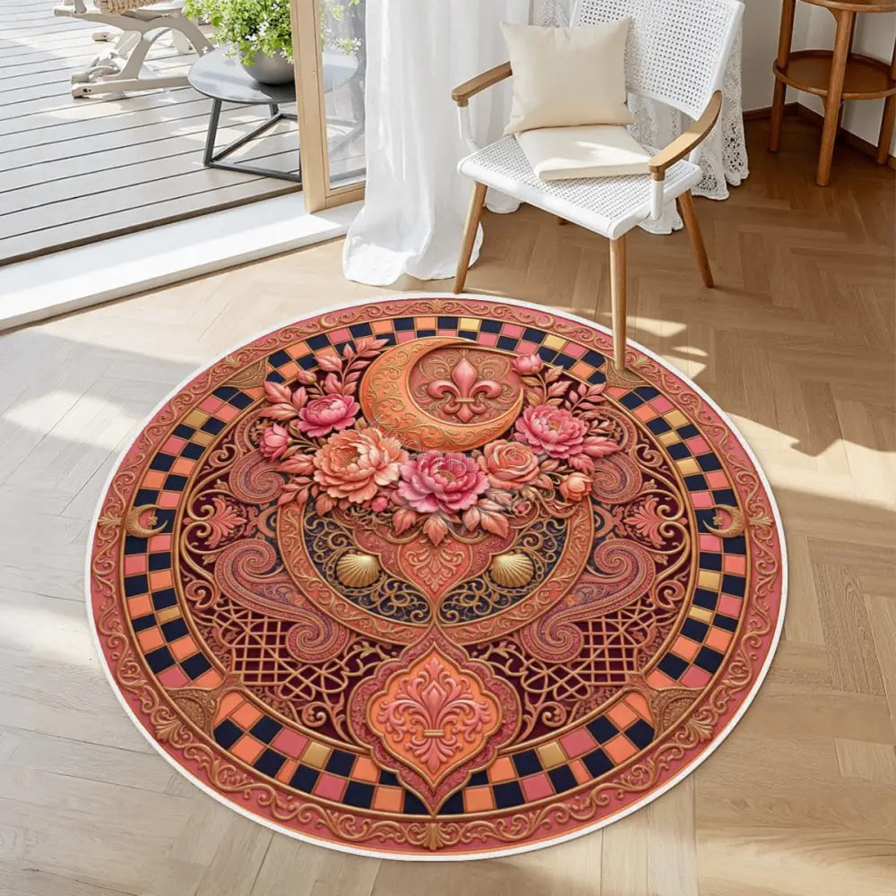 Dark Peach Orange Checker Print Flora Soft Round Area Rug with White Border 39.4’’x39.4’’ Rugs & Mats
