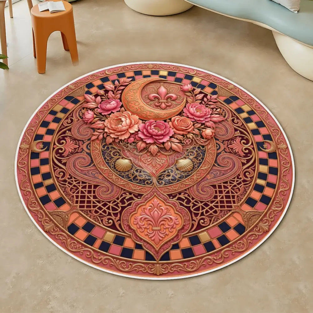 Dark Peach Orange Checker Print Flora Soft Round Area Rug with White Border Rugs & Mats