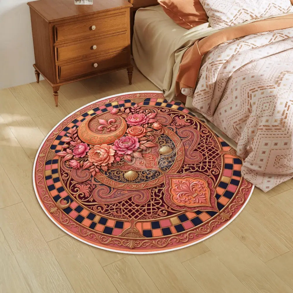 Dark Peach Orange Checker Print Flora Soft Round Area Rug with White Border Rugs & Mats