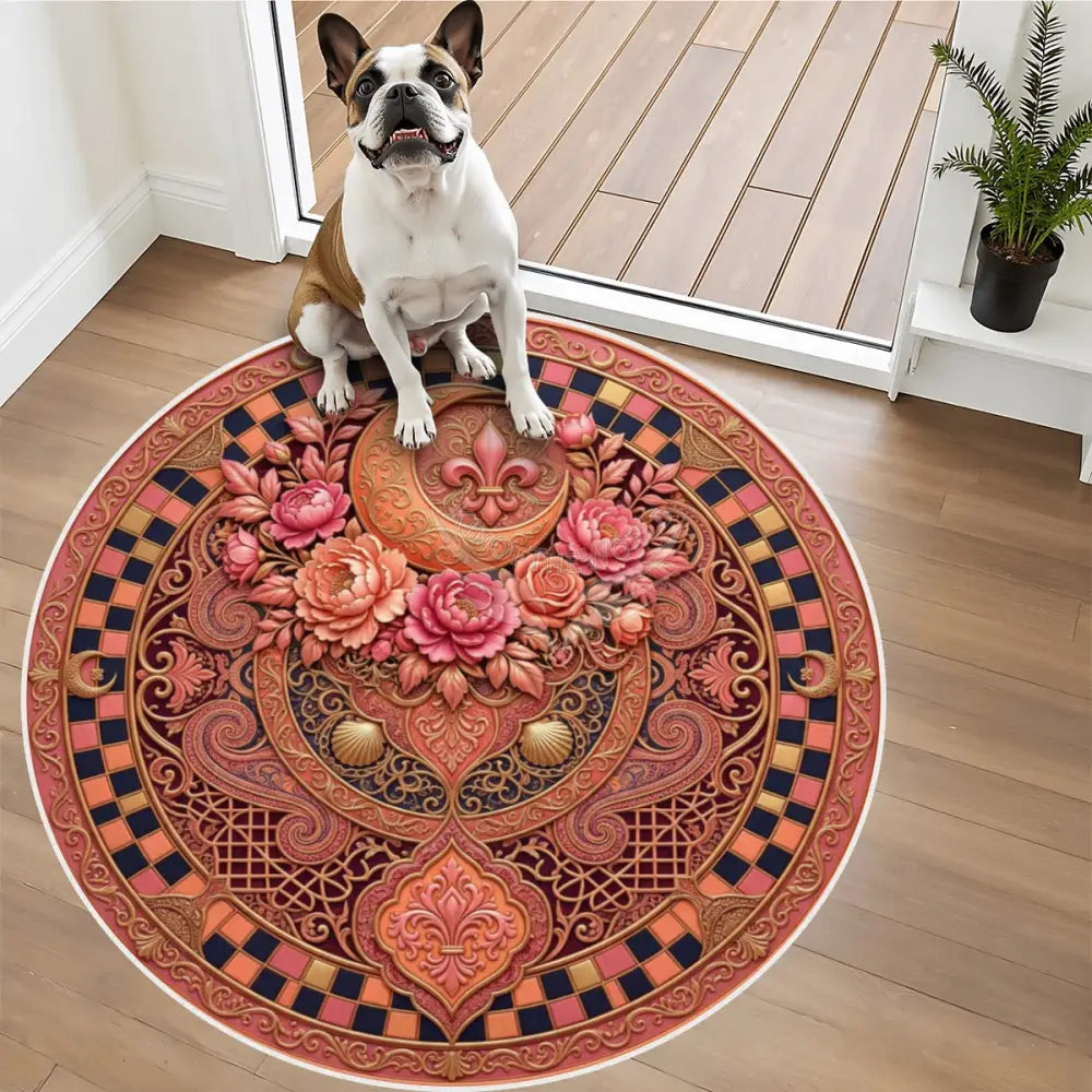 Dark Peach Orange Checker Print Flora Soft Round Area Rug with White Border Rugs & Mats