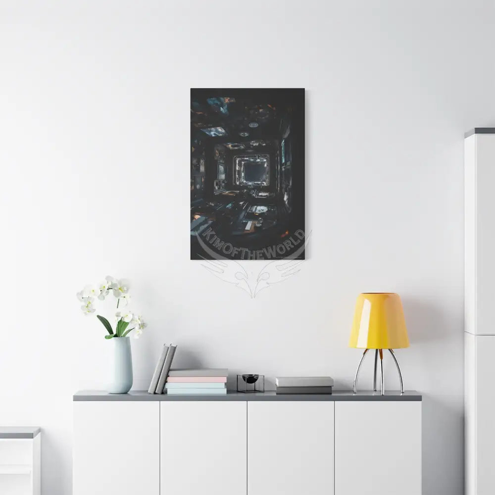 Dark Sci Fi Lens Cosmic Modern Tech Black Iridescent Block Canvas Print — Dimensional Wall Art Canvas