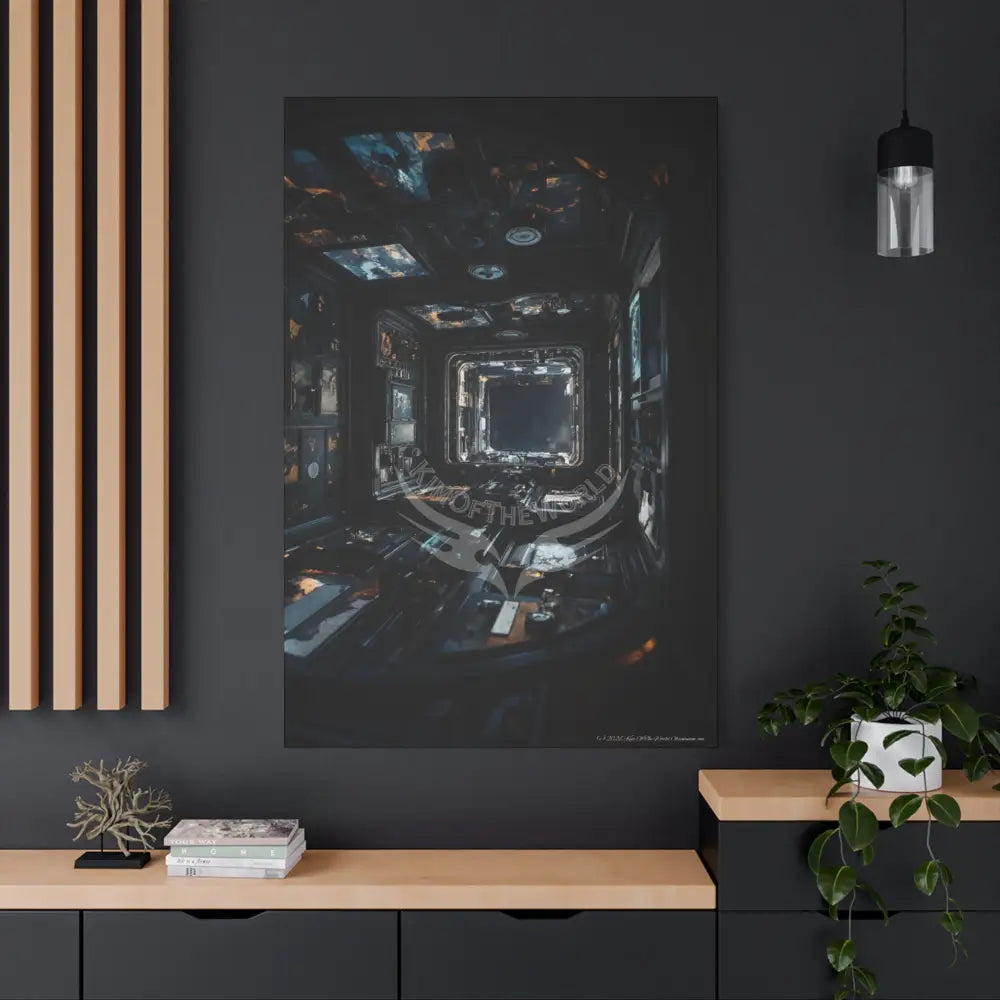 Dark Sci Fi Lens Cosmic Modern Tech Black Iridescent Block Canvas Print — Dimensional Wall Art Canvas