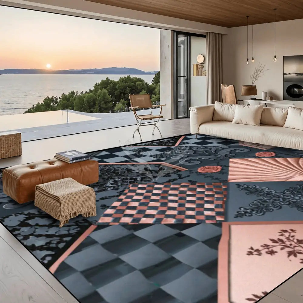 Dark Teal & Pink Diamond Shells Checkerboard Fleur 10 ft x 8 ft Large Area Rug Floor Carpet 120’’x96’’ Rugs & Mats