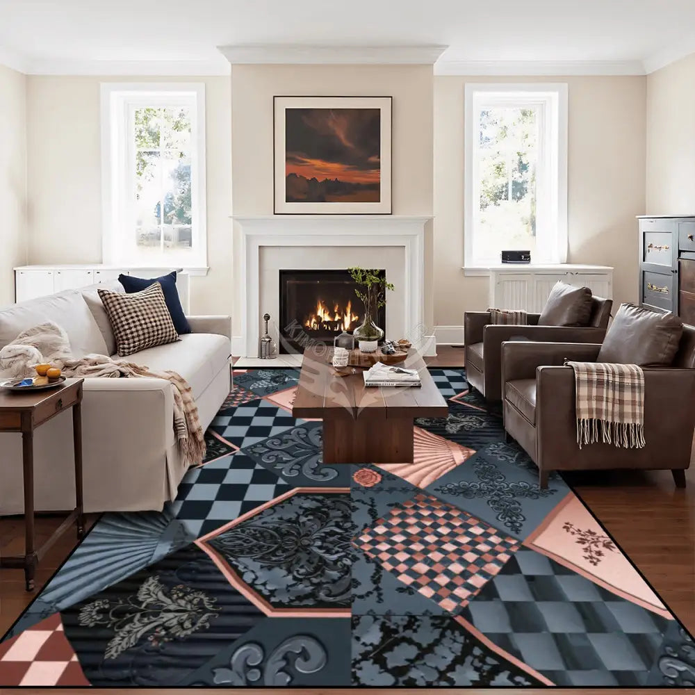 Dark Teal & Pink Diamond Shells Checkerboard Fleur 10 ft x 8 ft Large Area Rug Floor Carpet 120’’x96’’ Rugs & Mats