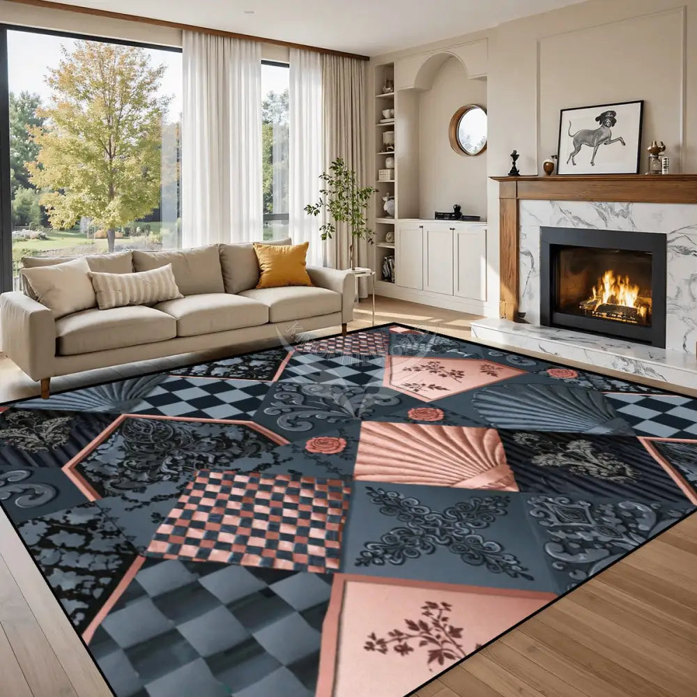 Dark Teal & Pink Diamond Shells Checkerboard Fleur 10 ft x 8 ft Large Area Rug Floor Carpet 120’’x96’’ Rugs & Mats