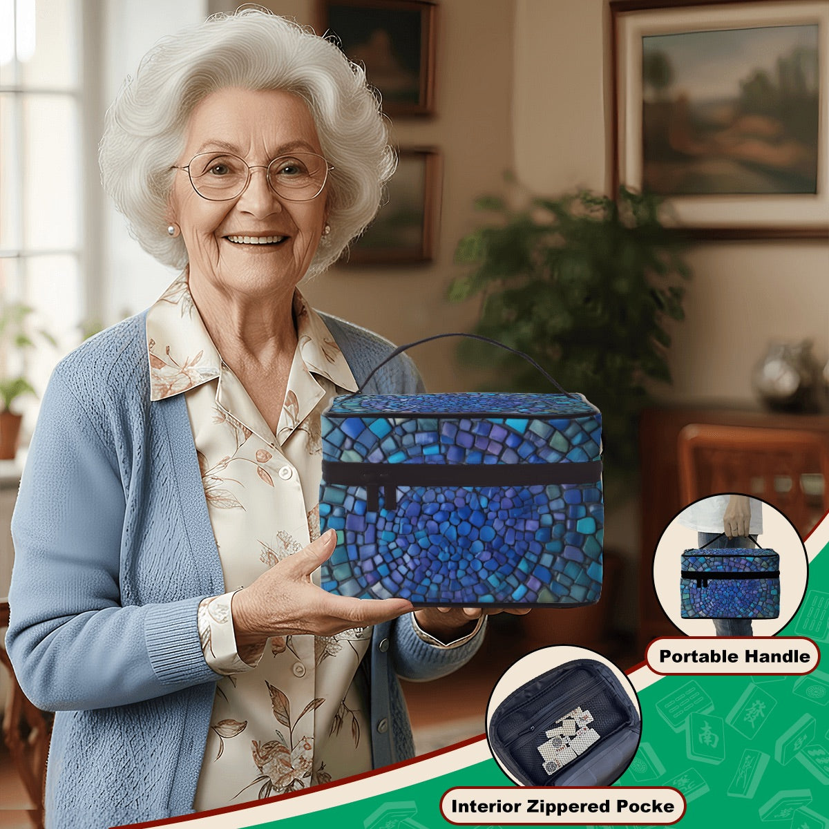 Blue & Green Mermaid Tile Print Portable Mahjong Bag