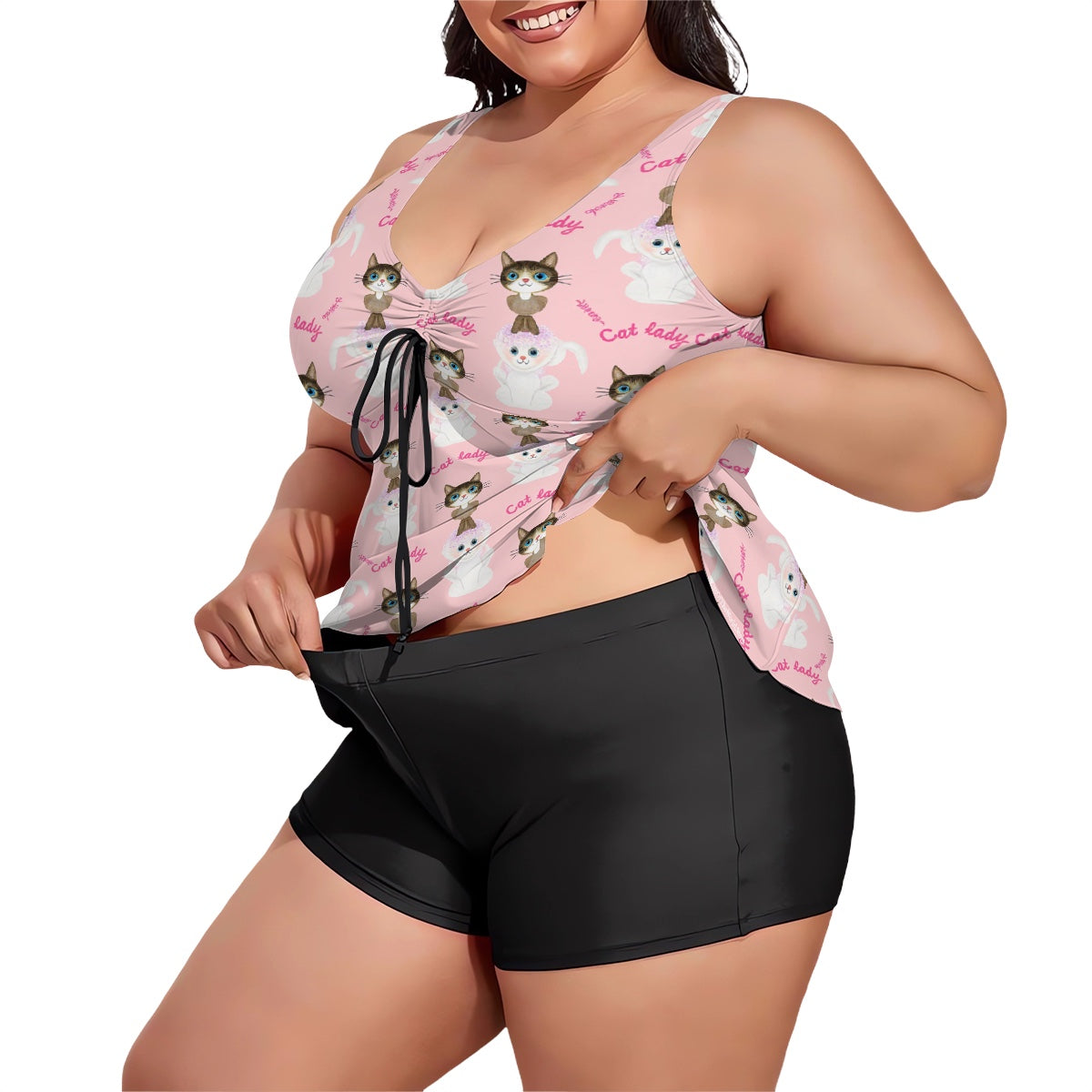 Plus Size Two Piece Swimsuit for Women - Cat Lady Baby Pink Print