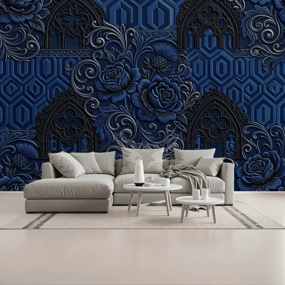 Deep Royal Navy Floral 3D Unpasted Mural Wallpaper 144’’x100’’ 144’’x100’’ Wall Coverings