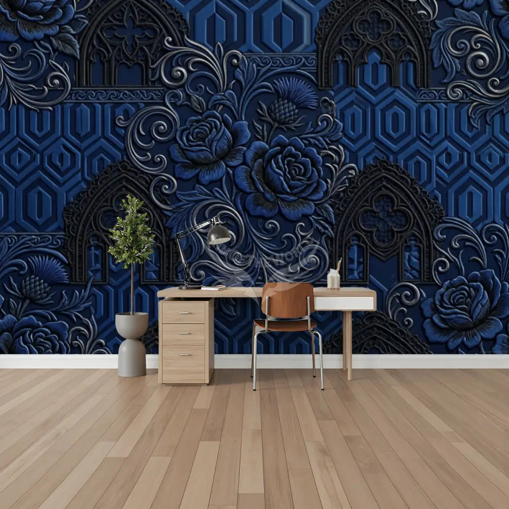 Deep Royal Navy Floral 3D Unpasted Mural Wallpaper 144’’x100’’ 144’’x100’’ Wall Coverings