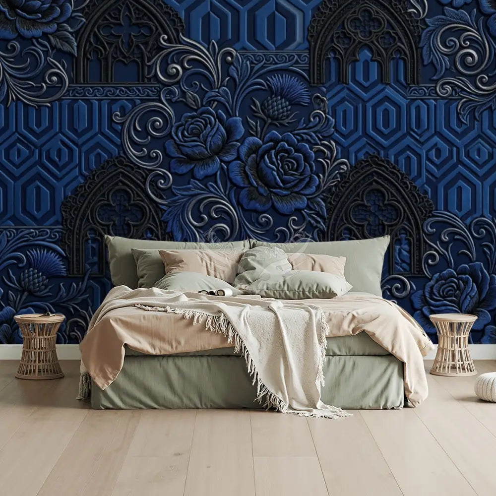 Deep Royal Navy Floral 3D Unpasted Mural Wallpaper 144’’x100’’ 144’’x100’’ Wall Coverings