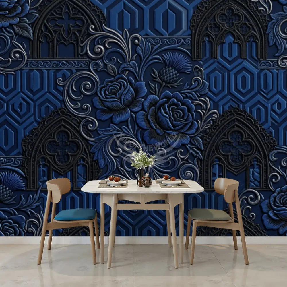 Deep Royal Navy Floral 3D Unpasted Mural Wallpaper 144’’x100’’ 144’’x100’’ Wall Coverings