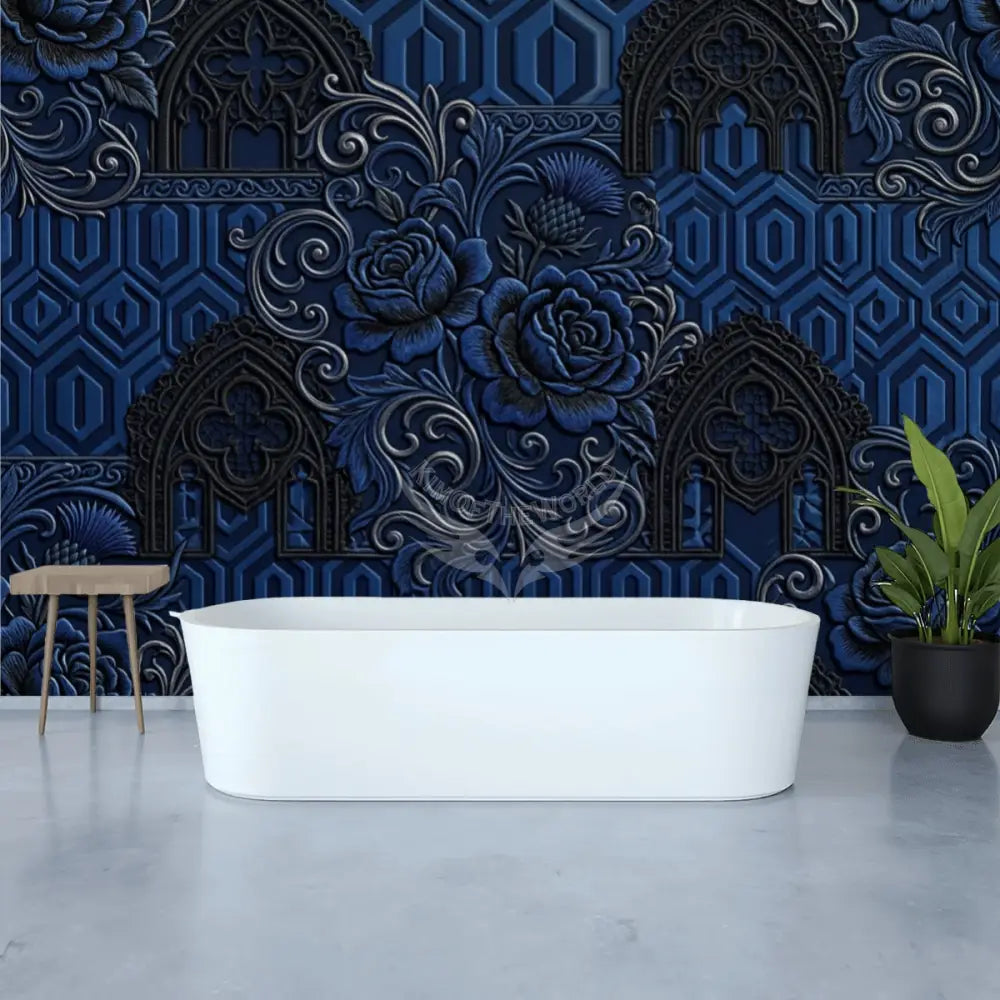 Deep Royal Navy Floral 3D Unpasted Mural Wallpaper 144’’x100’’ 144’’x100’’ Wall Coverings