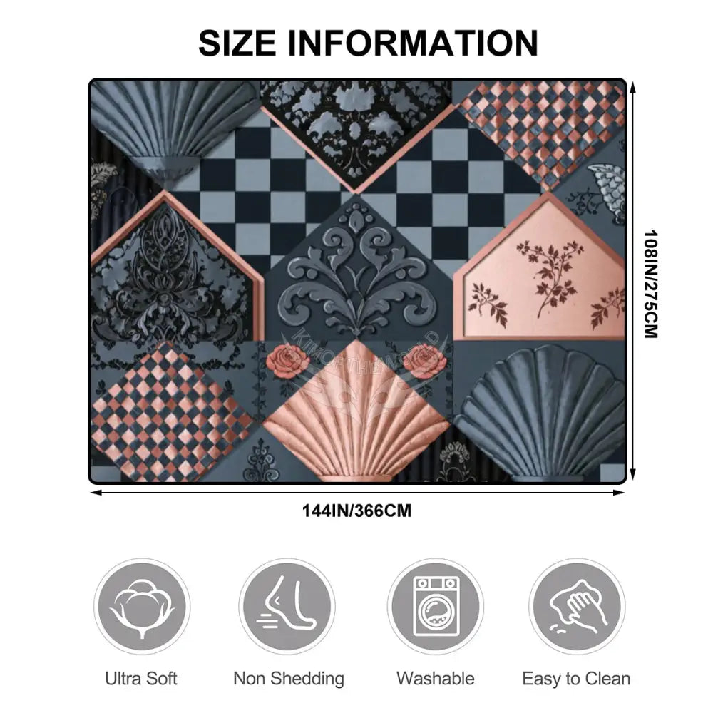 Diamond Shells Dark Teal and Pink with Checkerboard Large Area Rug Floor Carpet (4:3) 144’’x108’’ Rugs & Mats