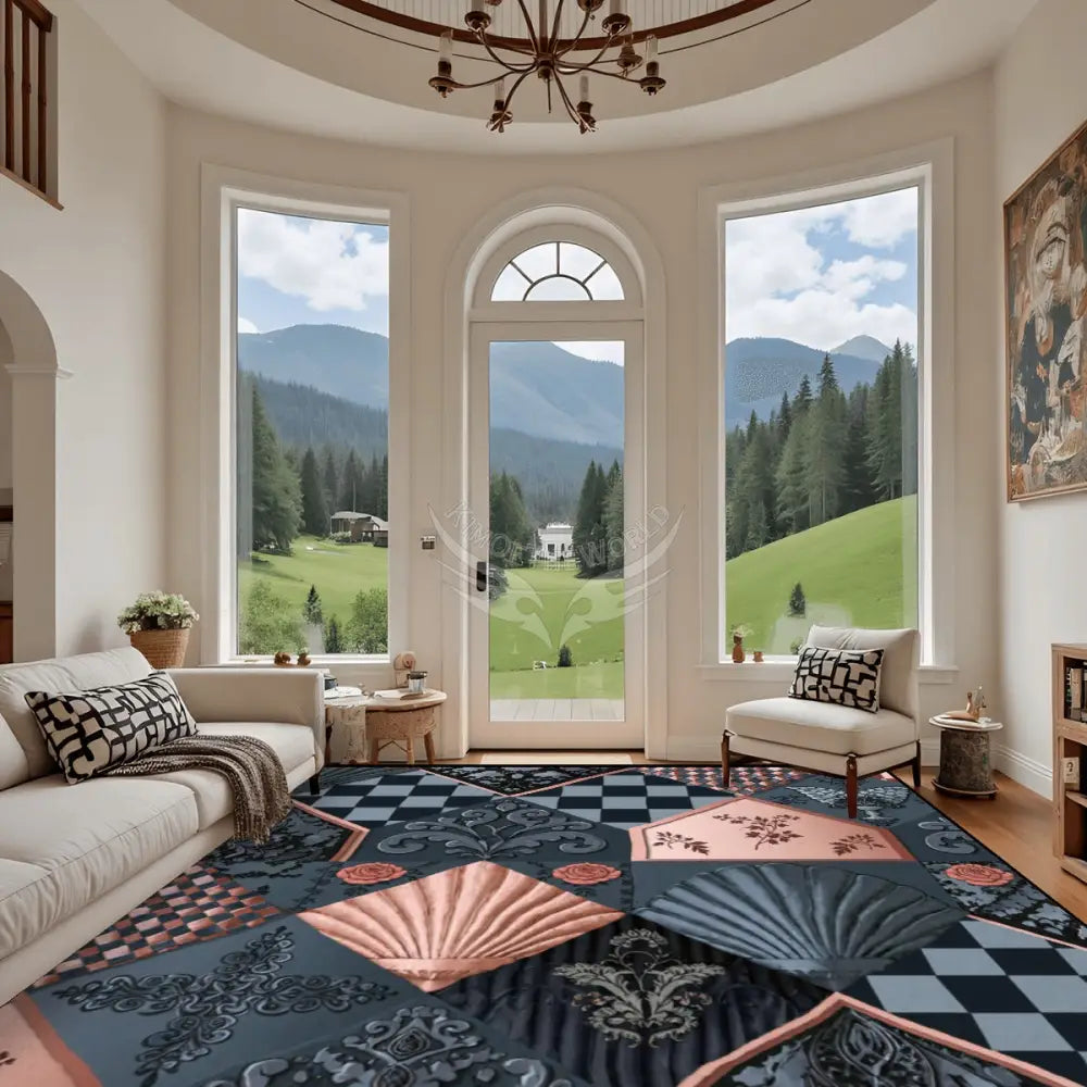 Diamond Shells Dark Teal and Pink with Checkerboard Large Area Rug Floor Carpet (4:3) 144’’x108’’ Rugs & Mats