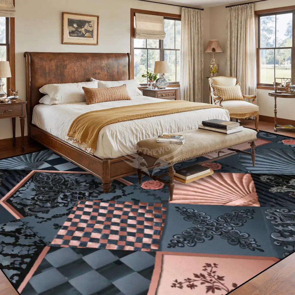 Diamond Shells Dark Teal and Pink with Checkerboard Large Area Rug Floor Carpet (4:3) 144’’x108’’ Rugs & Mats