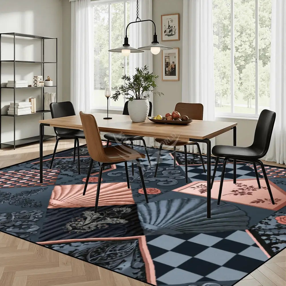 Diamond Shells Dark Teal and Pink with Checkerboard Large Area Rug Floor Carpet (4:3) 144’’x108’’ Rugs & Mats