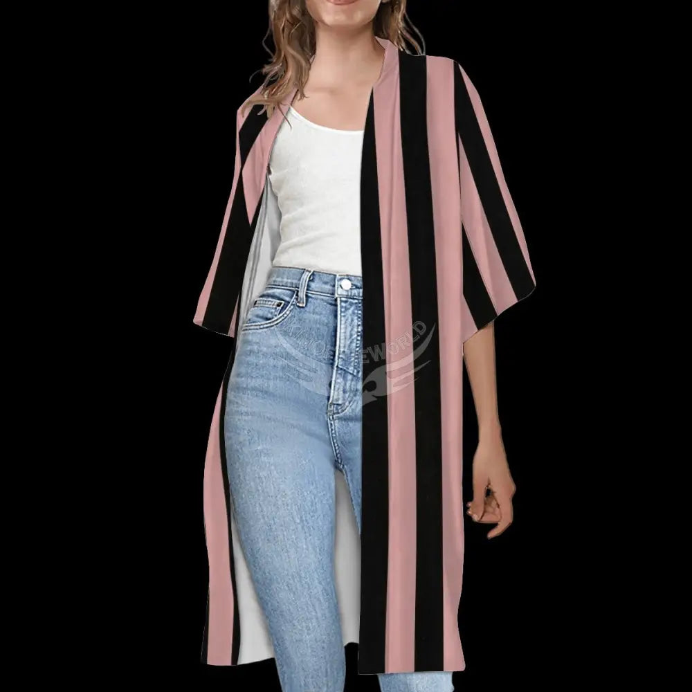Dusty Pink and Black Stripe 3-Piece Set Tank Pants Cardigan - Women’s 3-pce set with Short Sleeve Cape Cardigan / S