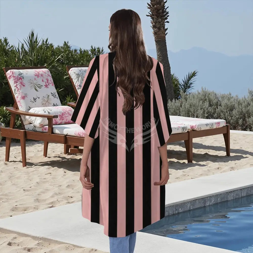 Dusty Pink and Black Stripe 3-Piece Set Tank Pants Cardigan - Women’s 3-pce set with Short Sleeve Cape Women’s T-shirts