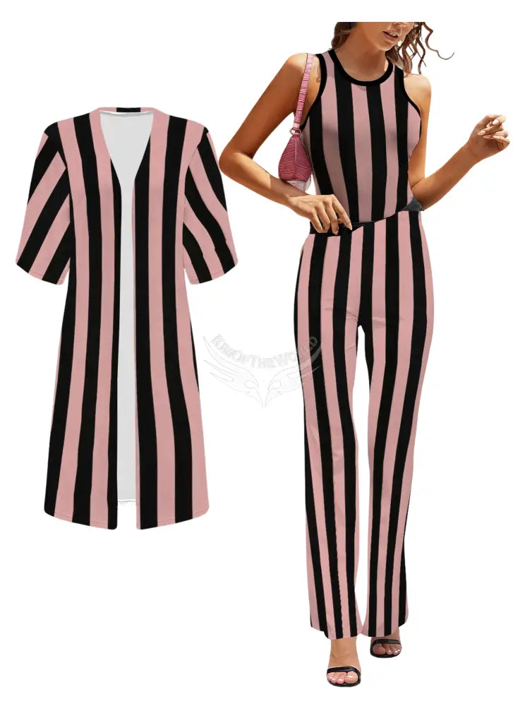 Dusty Pink and Black Stripe 3-Piece Set Tank Pants Cardigan - Women’s 3-pce set with Short Sleeve Cape Women’s T-shirts