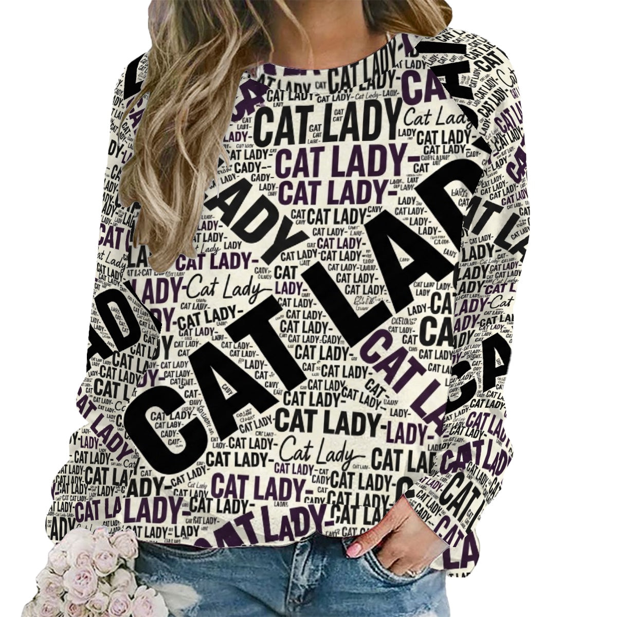 Cat Lady OP Newsprint Crewneck Sweatshirts Women