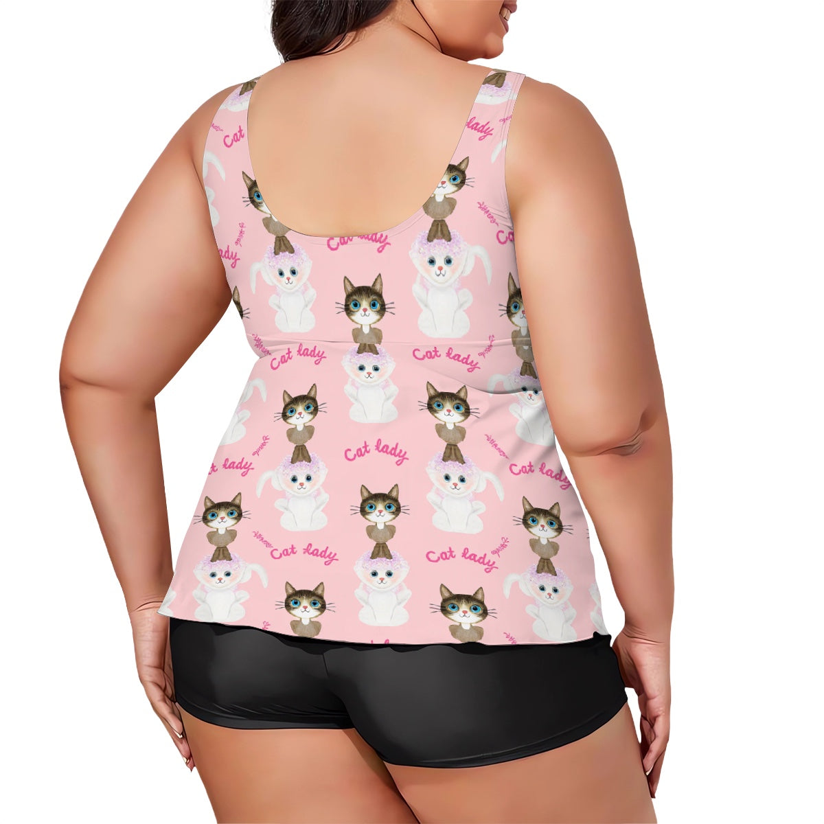 Plus Size Two Piece Swimsuit for Women - Cat Lady Baby Pink Print