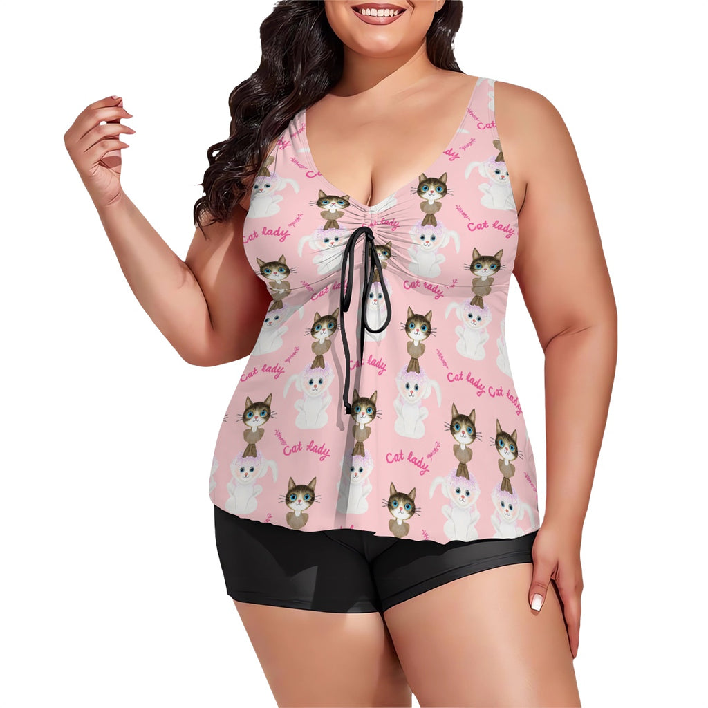 Plus Size Two Piece Swimsuit for Women - Cat Lady Baby Pink Print