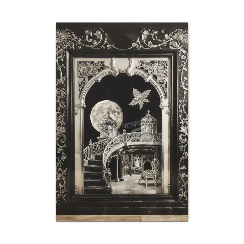 Fantasy Floral 3D Matte Canvas Print Black and White Moon — Laced Multi-Dimensional Wall Art 24’’ x 36’’ (Vertical)