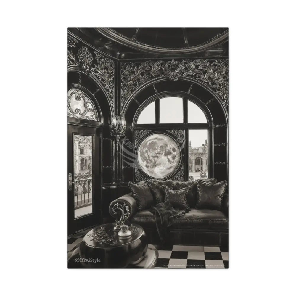 Fantasy Floral 3D Matte Canvas Print Black and White Moon — Laced Multi-Dimensional Wall Art 24’’ x 36’’ (Vertical)