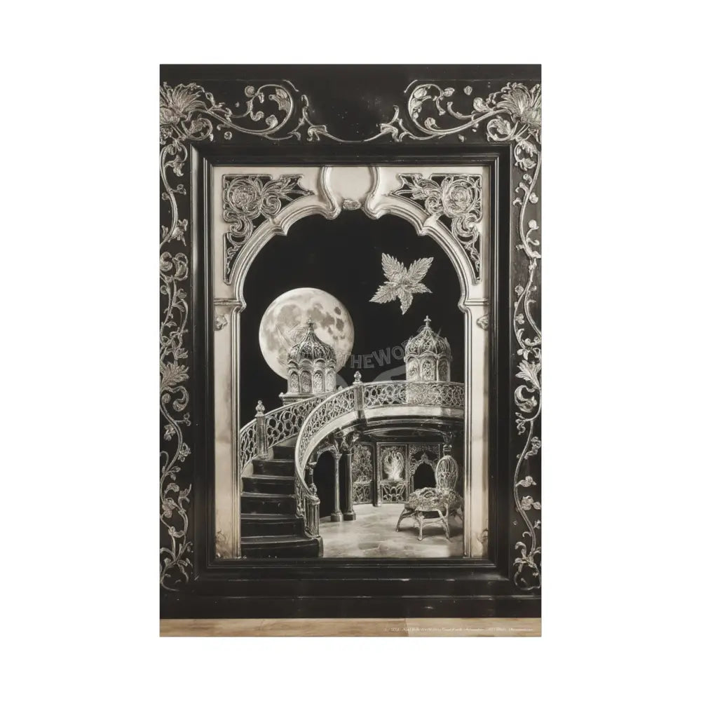 Fantasy Floral 3D Matte Canvas Print Black and White Moon — Laced Multi-Dimensional Wall Art 40’’ x 60’’ (Vertical)