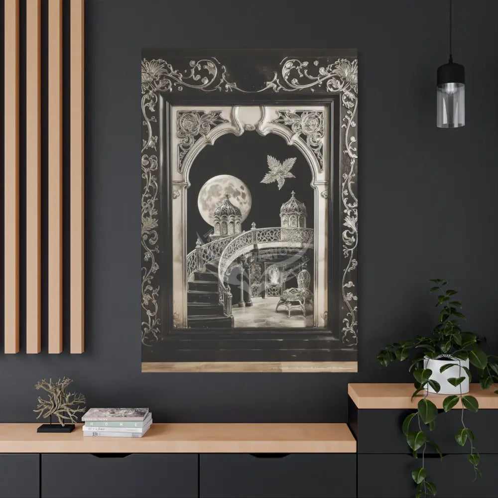 Fantasy Floral 3D Matte Canvas Print Black and White Moon — Laced Multi-Dimensional Wall Art Canvas