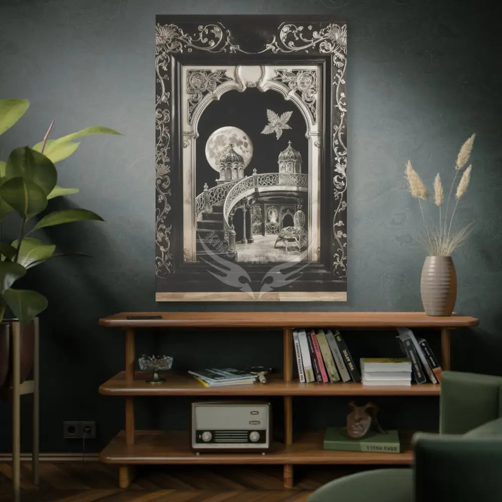 Fantasy Floral 3D Matte Canvas Print Black and White Moon — Laced Multi-Dimensional Wall Art Canvas