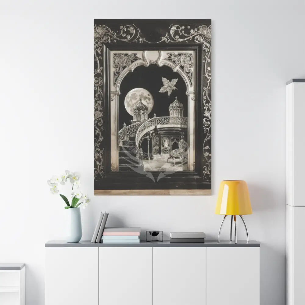 Fantasy Floral 3D Matte Canvas Print Black and White Moon — Laced Multi-Dimensional Wall Art Canvas