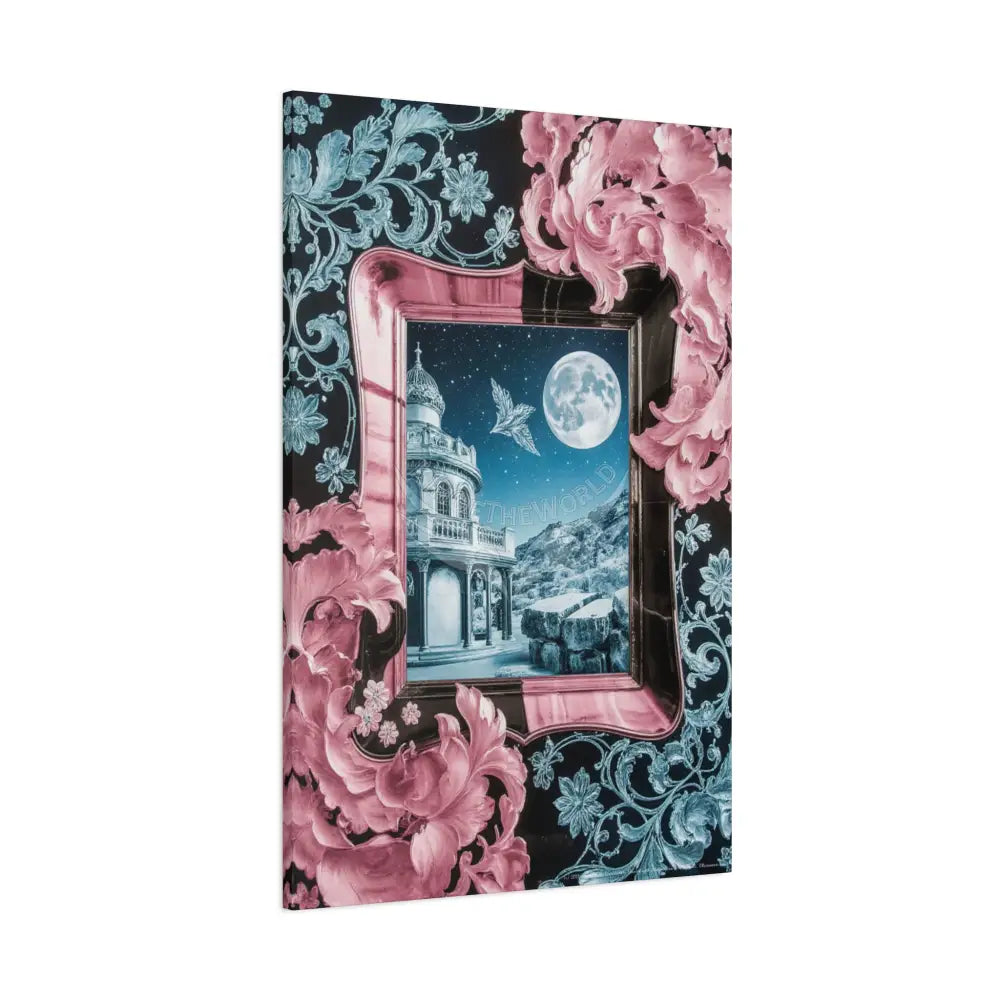 Fantasy Frames & Floral Lace Blue & Pink Quaint 3D Matte Canvas Print — 3D Laced Multi-Dimensional Wall Art Canvas