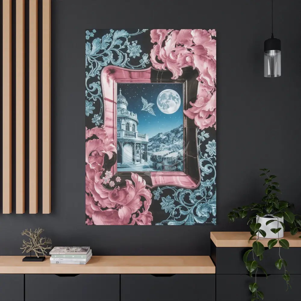 Fantasy Frames & Floral Lace Blue & Pink Quaint 3D Matte Canvas Print — 3D Laced Multi-Dimensional Wall Art Canvas