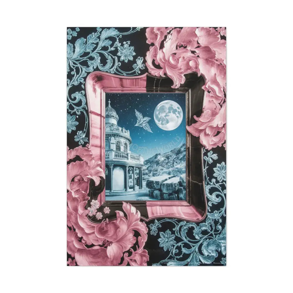 Fantasy Frames & Floral Lace Blue & Pink Quaint 3D Matte Canvas Print — 3D Laced Multi-Dimensional Wall Art 32″ x 48″