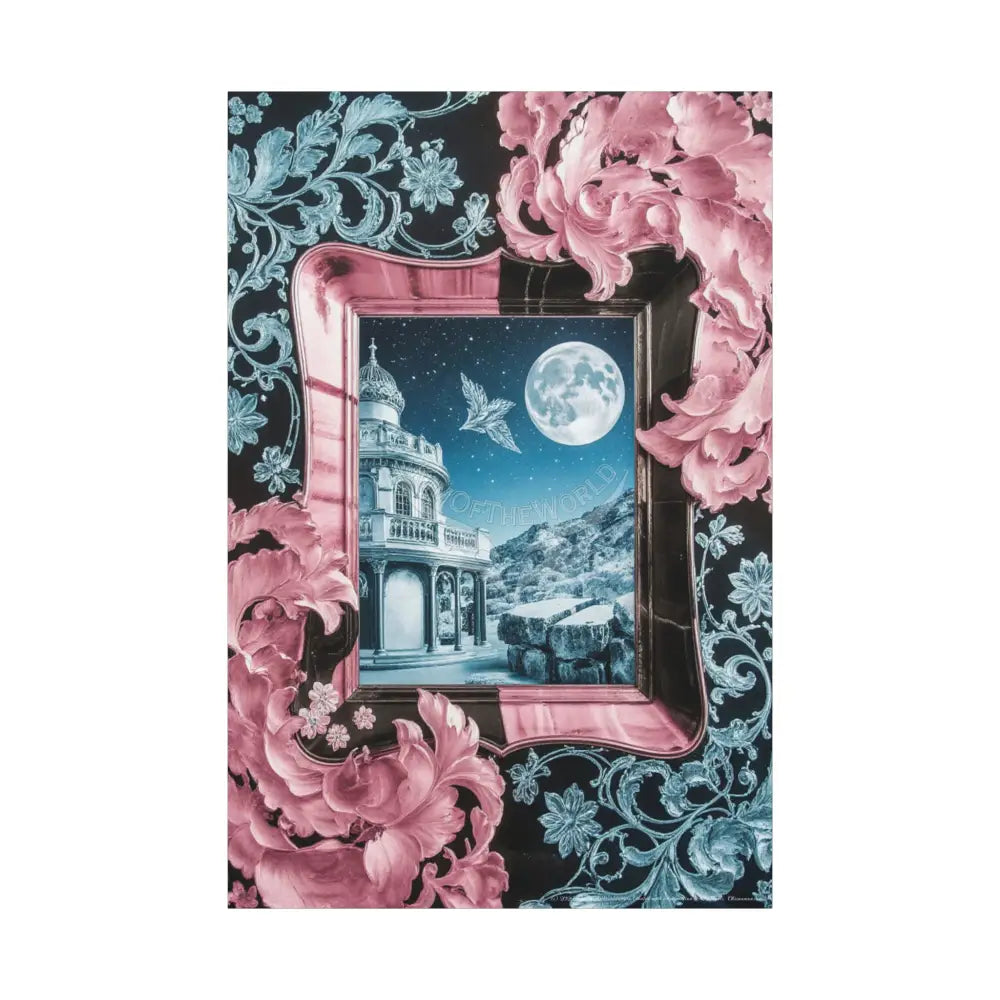 Fantasy Frames & Floral Lace Blue & Pink Quaint 3D Matte Canvas Print — 3D Laced Multi-Dimensional Wall Art 40’’ x 60’’