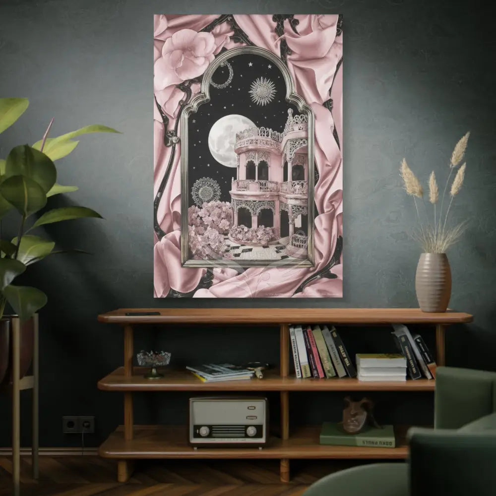 Fantasy Frames & Floral Lace Blue & Pink Quaint 3D Matte Canvas Print — 3D Laced Multi-Dimensional Wall Art Canvas