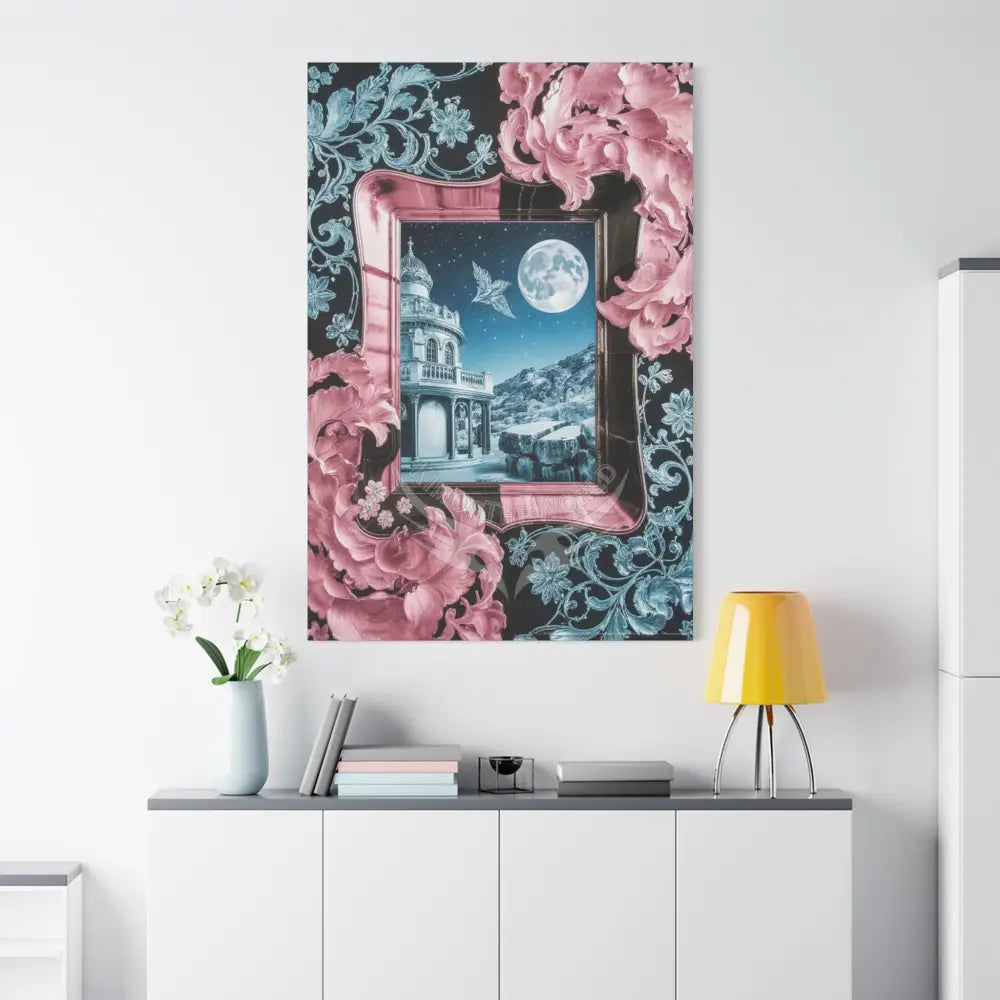 Fantasy Frames & Floral Lace Blue & Pink Quaint 3D Matte Canvas Print — 3D Laced Multi-Dimensional Wall Art Canvas