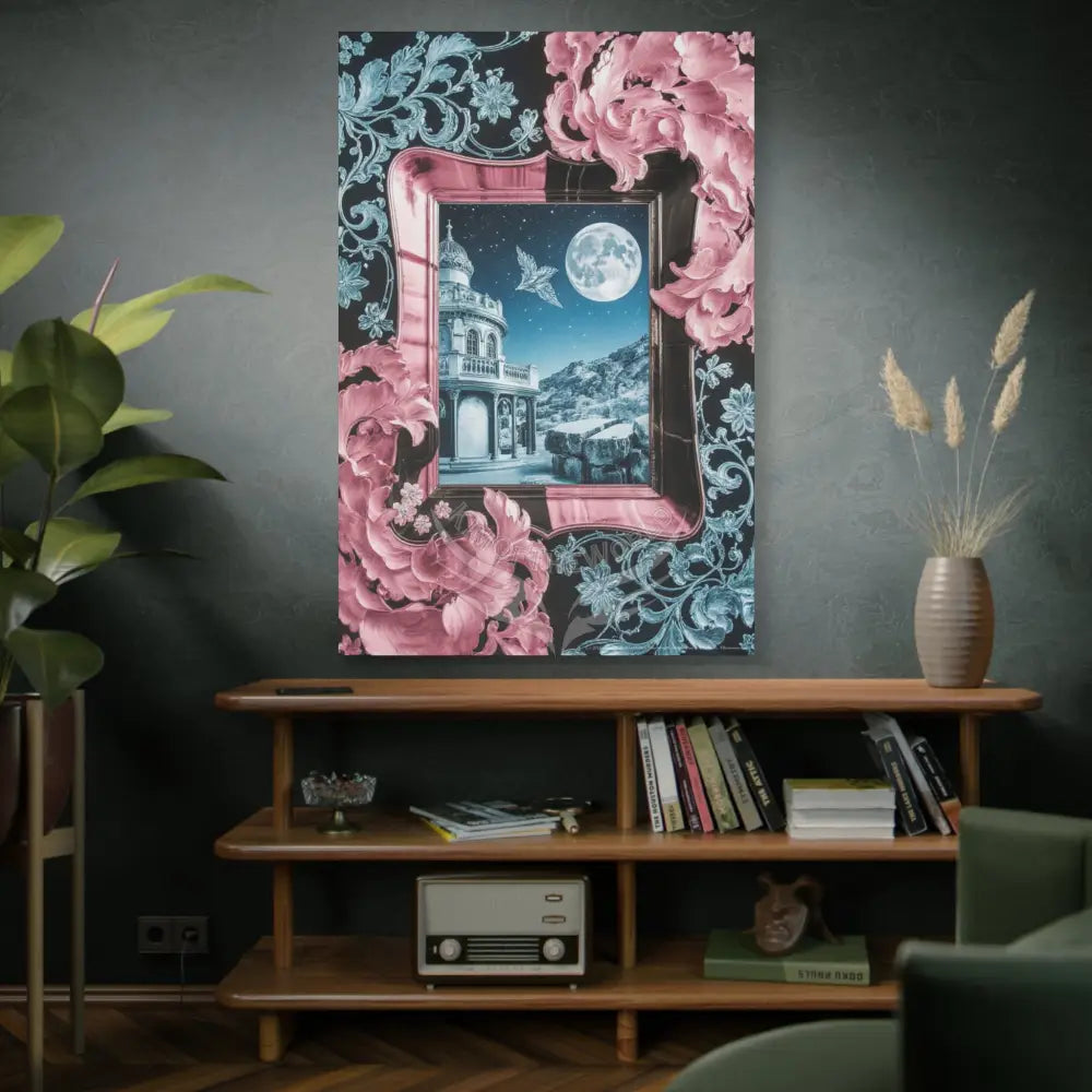 Fantasy Frames & Floral Lace Blue & Pink Quaint 3D Matte Canvas Print — 3D Laced Multi-Dimensional Wall Art Canvas