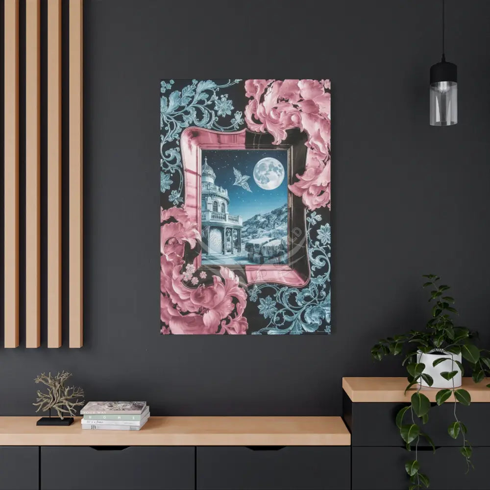 Fantasy Frames & Floral Lace Blue & Pink Quaint 3D Matte Canvas Print — 3D Laced Multi-Dimensional Wall Art Canvas