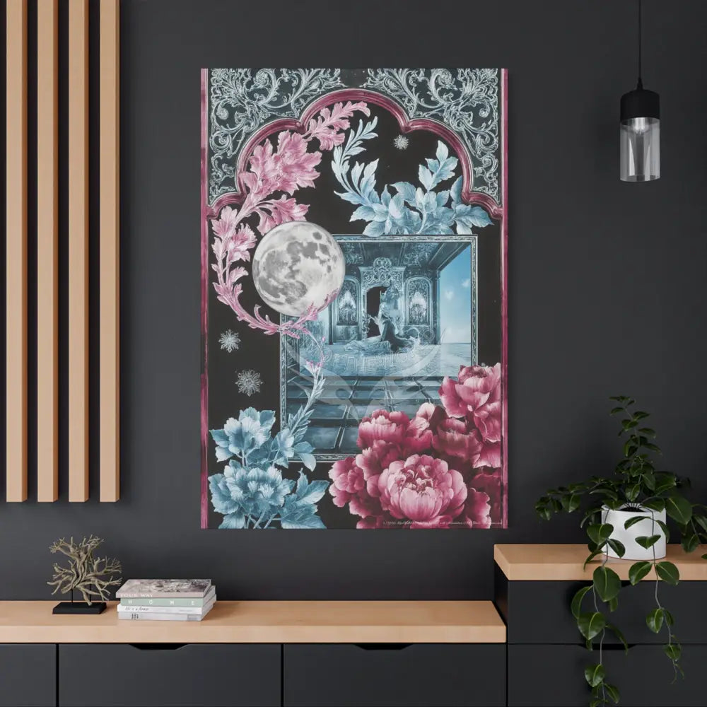 Fantasy Frames & Floral Lace Blue & Pink Quaint 3D Matte Canvas Print — 3D Laced Multi-Dimensional Wall Art Canvas