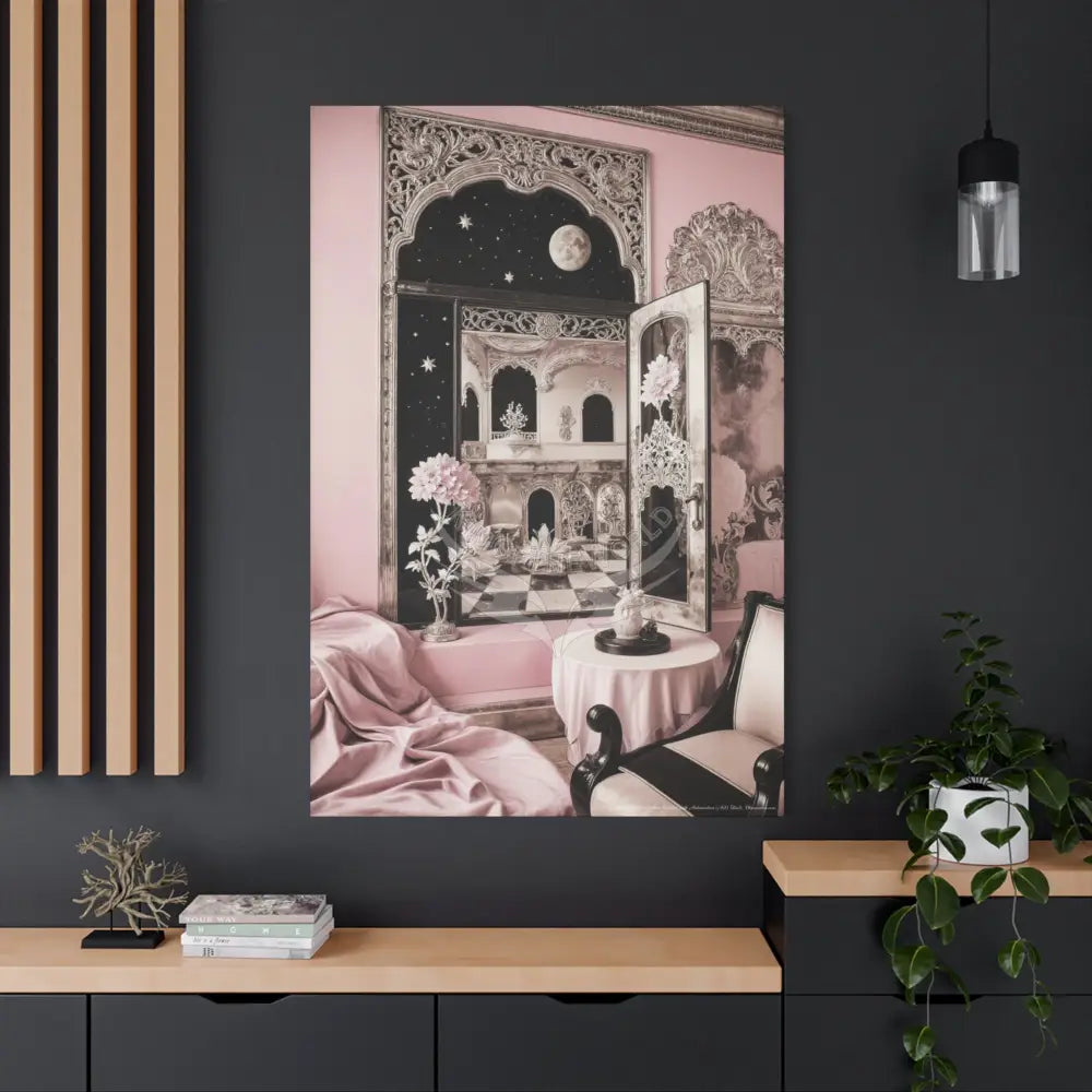 Fantasy Frames & Floral Lace Pink & Black Quaint 3D Matte Canvas Print — 3D Laced Multi-Dimensional Wall Art Canvas