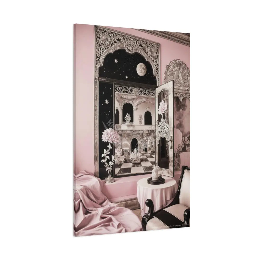 Fantasy Frames & Floral Lace Pink & Black Quaint 3D Matte Canvas Print — 3D Laced Multi-Dimensional Wall Art Canvas