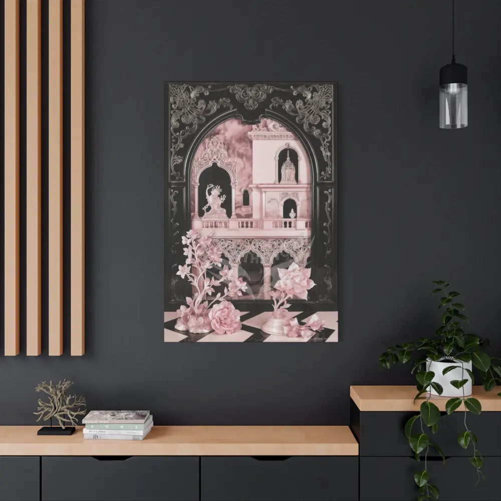 Fantasy Frames & Floral Lace Pink & Black Quaint 3D Matte Canvas Print — 3D Laced Multi-Dimensional Wall Art Canvas