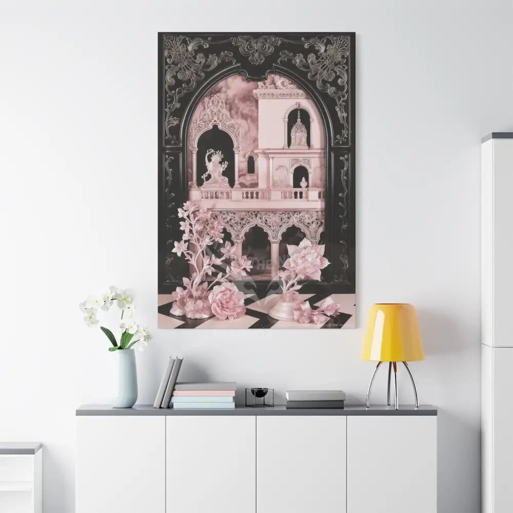 Fantasy Frames & Floral Lace Pink & Black Quaint 3D Matte Canvas Print — 3D Laced Multi-Dimensional Wall Art Canvas