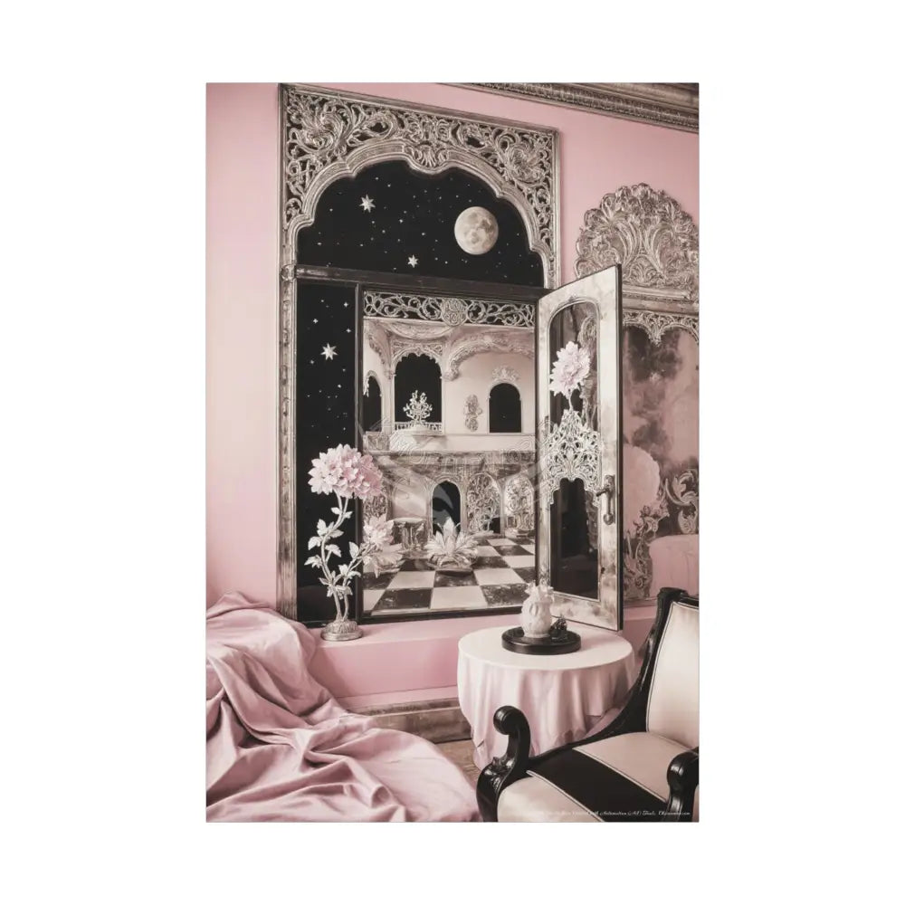 Fantasy Frames & Floral Lace Pink & Black Quaint 3D Matte Canvas Print — 3D Laced Multi-Dimensional Wall Art 40’’ x