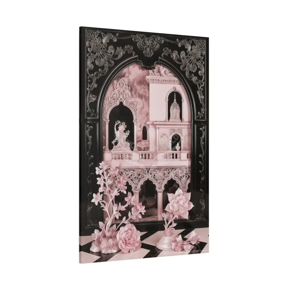 Fantasy Frames & Floral Lace Pink & Black Quaint 3D Matte Canvas Print — 3D Laced Multi-Dimensional Wall Art Canvas